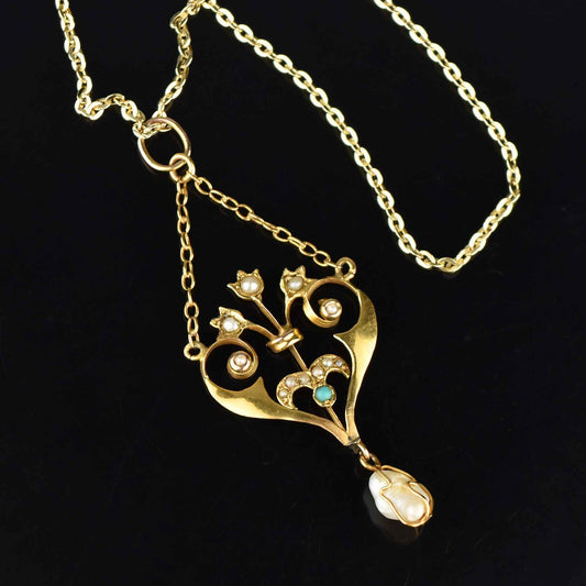 Art Nouveau Turquoise Baroque Pearl Lavaliere Pendant