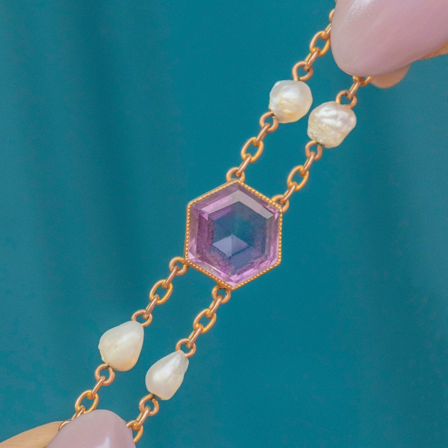Antique 15ct Gold Amethyst Baroque Pearl Bracelet, 11.50ct
