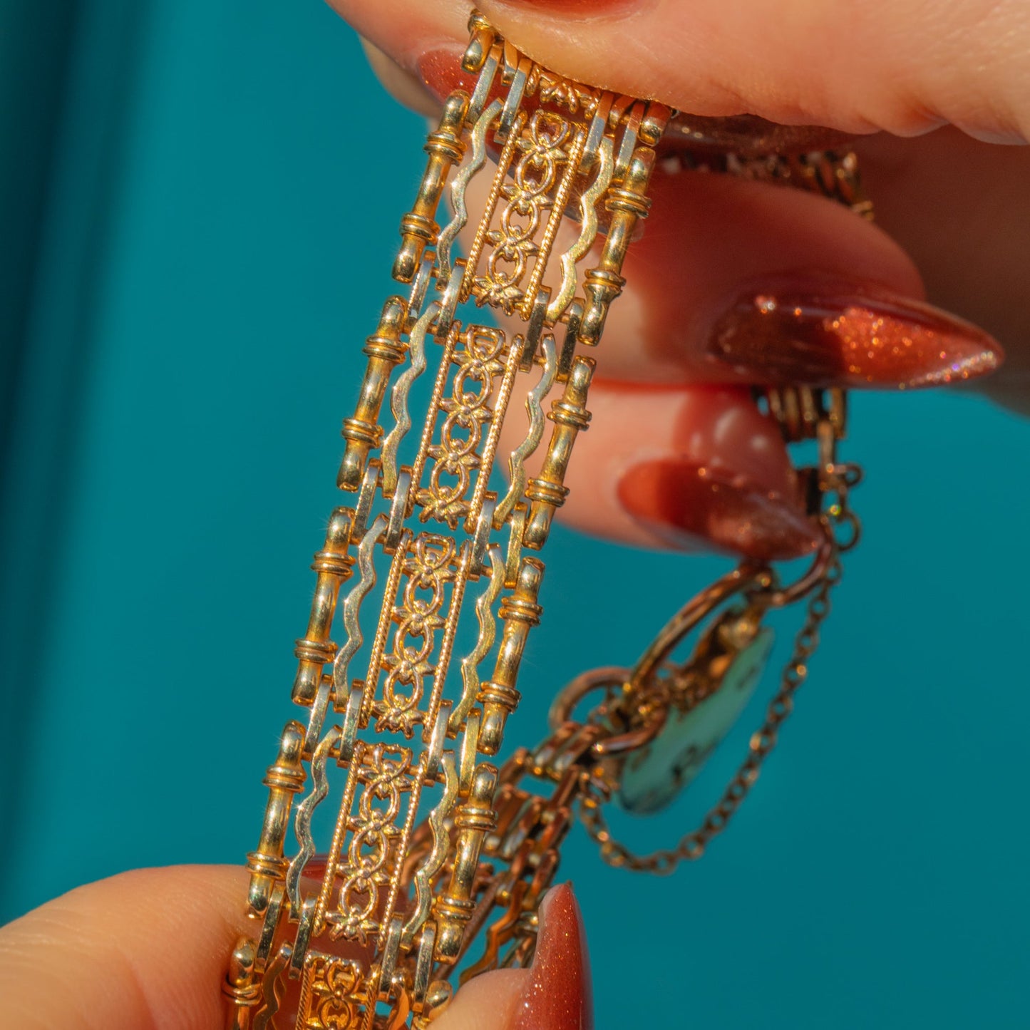 Antique 9ct Gold Bamboo Gate Bracelet with Heart Padlock