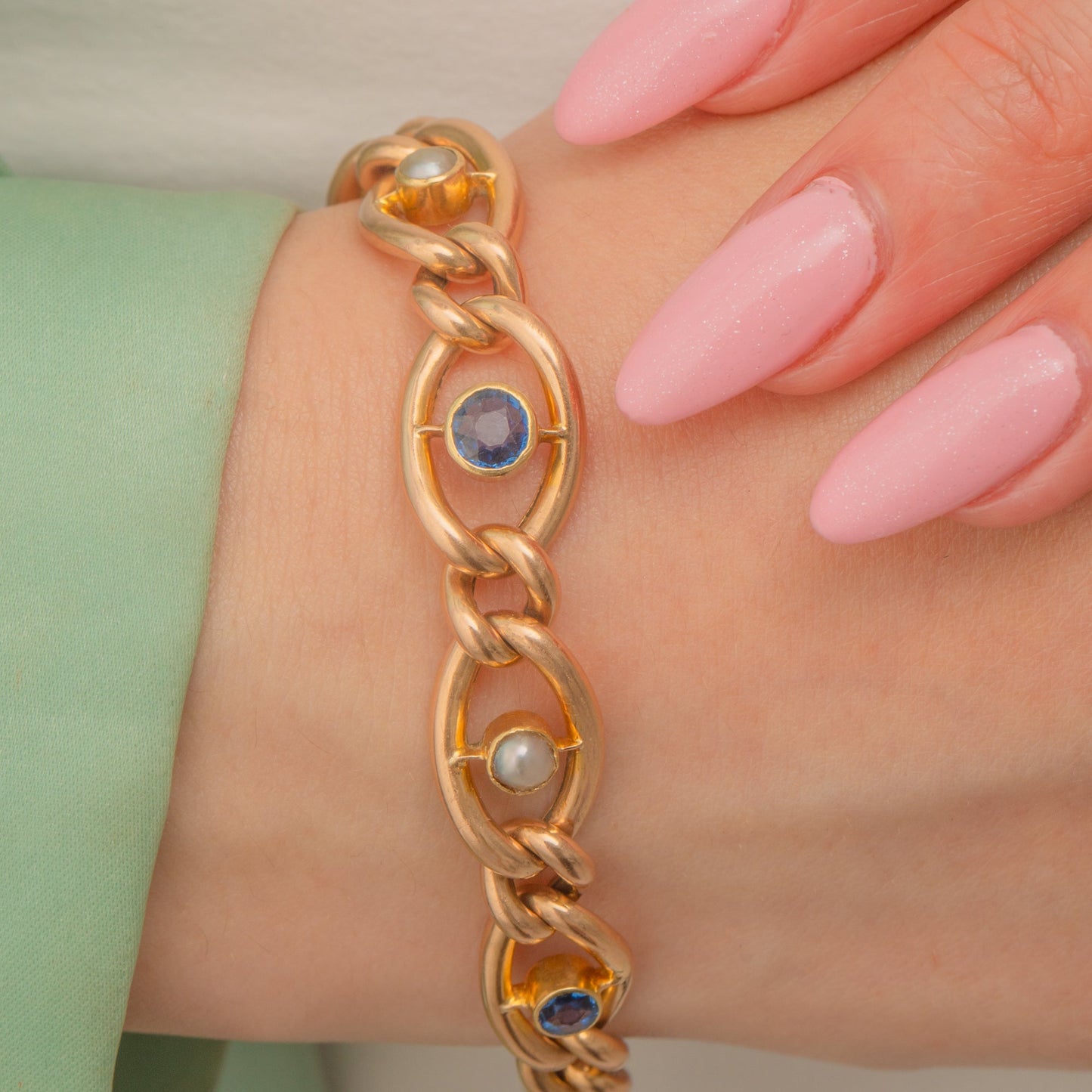 Antique 15ct Gold Sapphire Pearl Curb Link Bracelet