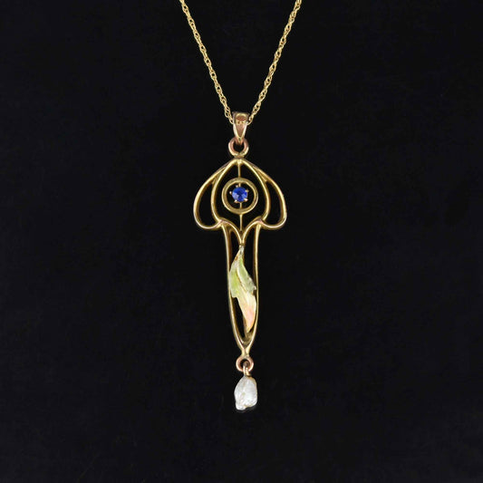 Art Nouveau Enamel Leaf Lavaliere Blue Spinel Necklace