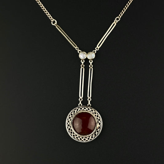 Art Deco Silver Filigree Carnelian Drop Pendant Necklace