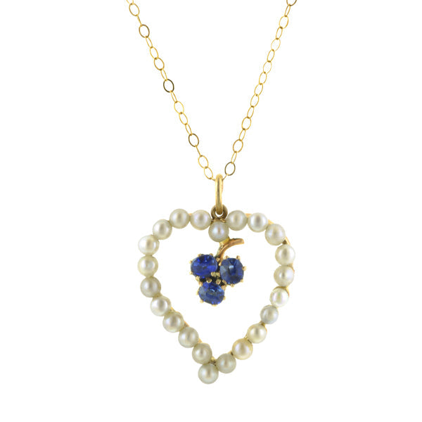Antique Sapphire & Pearl Heart Pendant