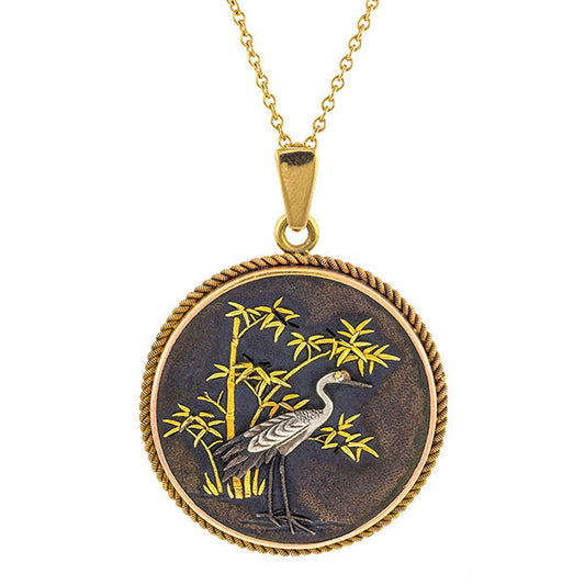 Antique Shakudo Crane Pendant