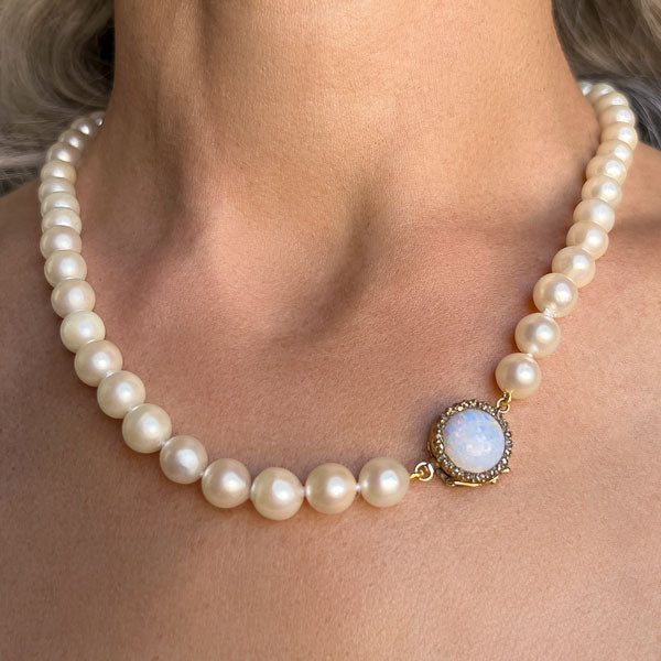 Antique Pearl Necklace with Opal & Diamond Clasp