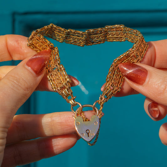 Antique 9ct Gold Bamboo Gate Bracelet with Heart Padlock