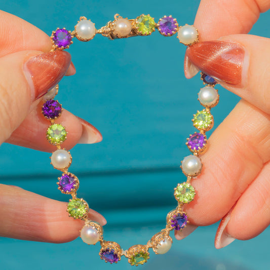 Antique 15ct Gold Amethyst Peridot Pearl Suffragette Bracelet