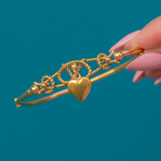 Antique 9ct Gold Bangle with Puffy Heart Charm