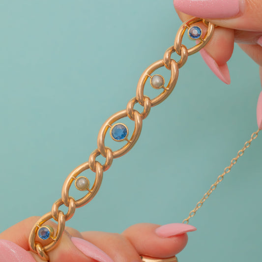 Antique 15ct Gold Sapphire Pearl Curb Link Bracelet