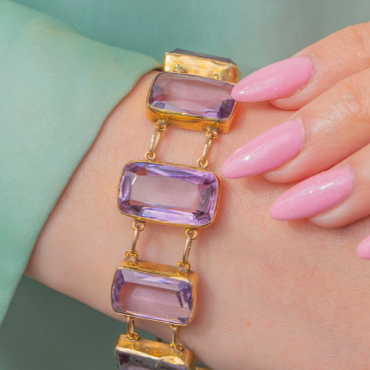 Antique 9ct Gold Amethyst Rectangular Graduating Bracelet, 30.00ct