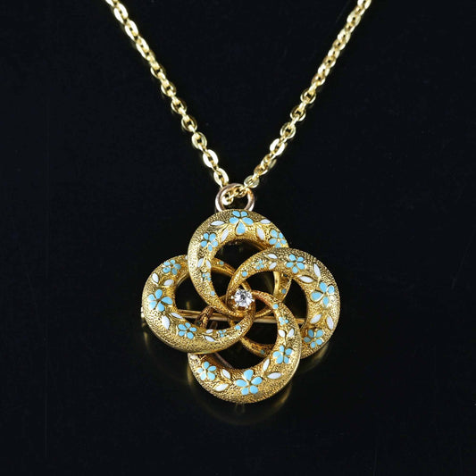 Krementz Diamond Enamel Lover Knot Brooch Pendant 14K Gold