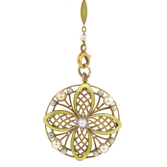 Antique Pearl* & Enamel** Gold Pendant & Chain
